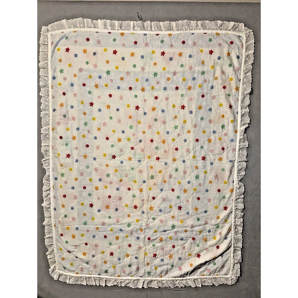 Vintage 80s Soft Colorful Baby Blanket Bears Ruffle Crib Comforter Quilt Nursery